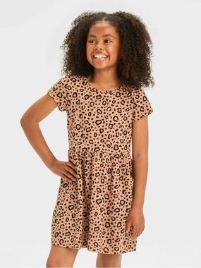 Cat and Jack Girls' Tan Leopard Print Short Sleeve Dress XS(4/5)